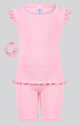 4-6X 3PC Ruffle Tank + Biker Short + Scrunchie Set