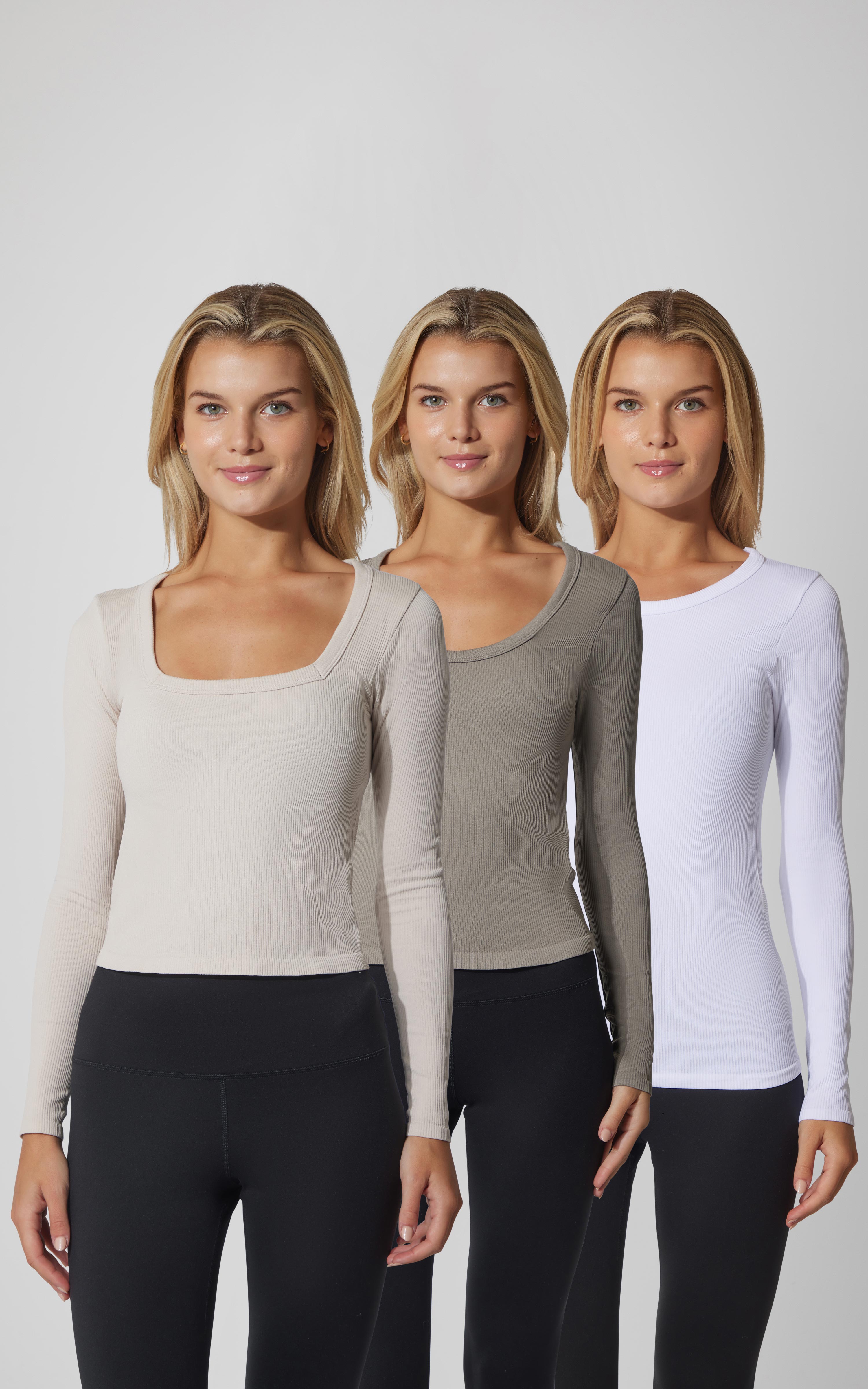 3 PK Ribbed Seamless Crew Neck, Scoop Neck and Sqaure Neck Long Sleeve Top - Our Earthy Story
