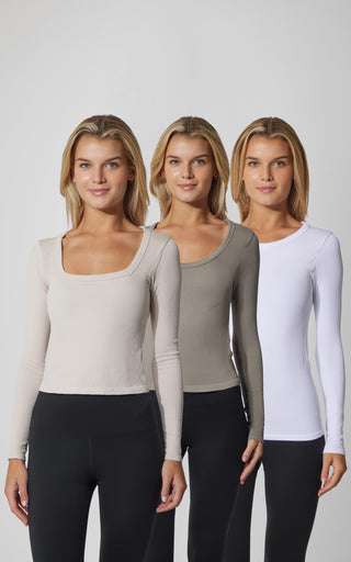 3 PK Ribbed Seamless Crew Neck, Scoop Neck and Sqaure Neck Long Sleeve Top