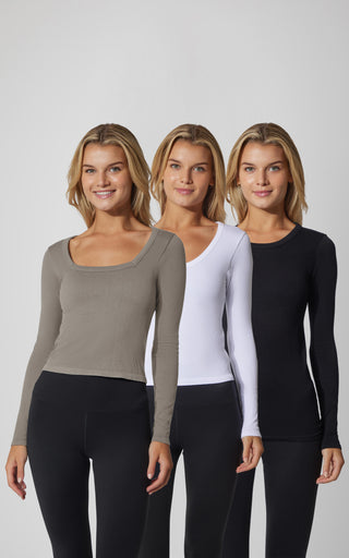 3 PK Ribbed Seamless Crew Neck, Scoop Neck and Sqaure Neck Long Sleeve Top