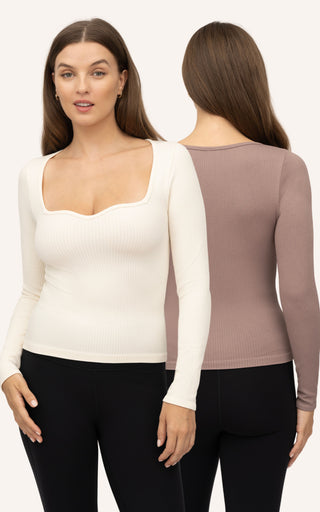 2 Pack Seamless Ribbed Sweetheart Neck Long Sleeve Top
