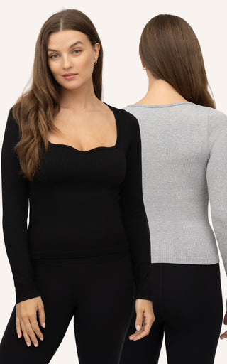 2 Pack Seamless Ribbed Sweetheart Neck Long Sleeve Top