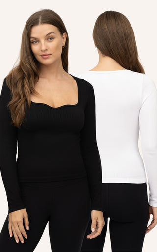 2 Pack Seamless Ribbed Sweetheart Neck Long Sleeve Top