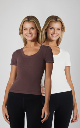 2 PK Seamless Ribbed Scoop Neck Short Sleeve Tee
