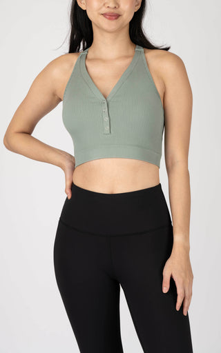 Seamless Ribbed Button Up Henley Cropped Tank Top