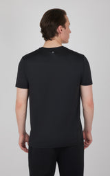 Men's black short sleeve track T-shirt with crew neck, shown from back.