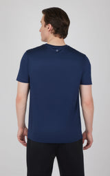 Men's navy blue short sleeve track t-shirt with a crew neck, seen from the back.