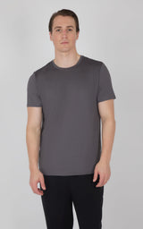 Men's charcoal gray short sleeve track t-shirt with a crew neck and regular fit.