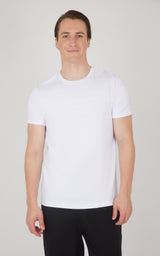 White men's short sleeve track t-shirt with crew neck and regular fit.