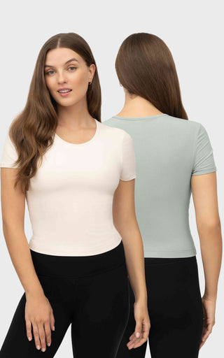 2 Pack Heavenly Rib Tara Cropped Short Sleeve Shirt with Built in Bra