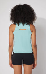Women's sleeveless fit tank top in light Aquifer blue with laser-cut back detail.