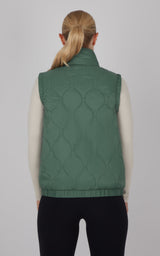 Dark forest green quilted vest with high collar and sleeveless design shown from back.