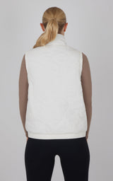 Women's quilted sleeveless vest in off-white with a high collar and fitted hem.