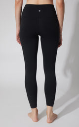 Women's black ankle-length leggings with a high waist and smooth finish from the back.