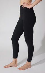 Black 7/8-length ankle leggings with a high-rise waistband and smooth, elastic-free fabric.