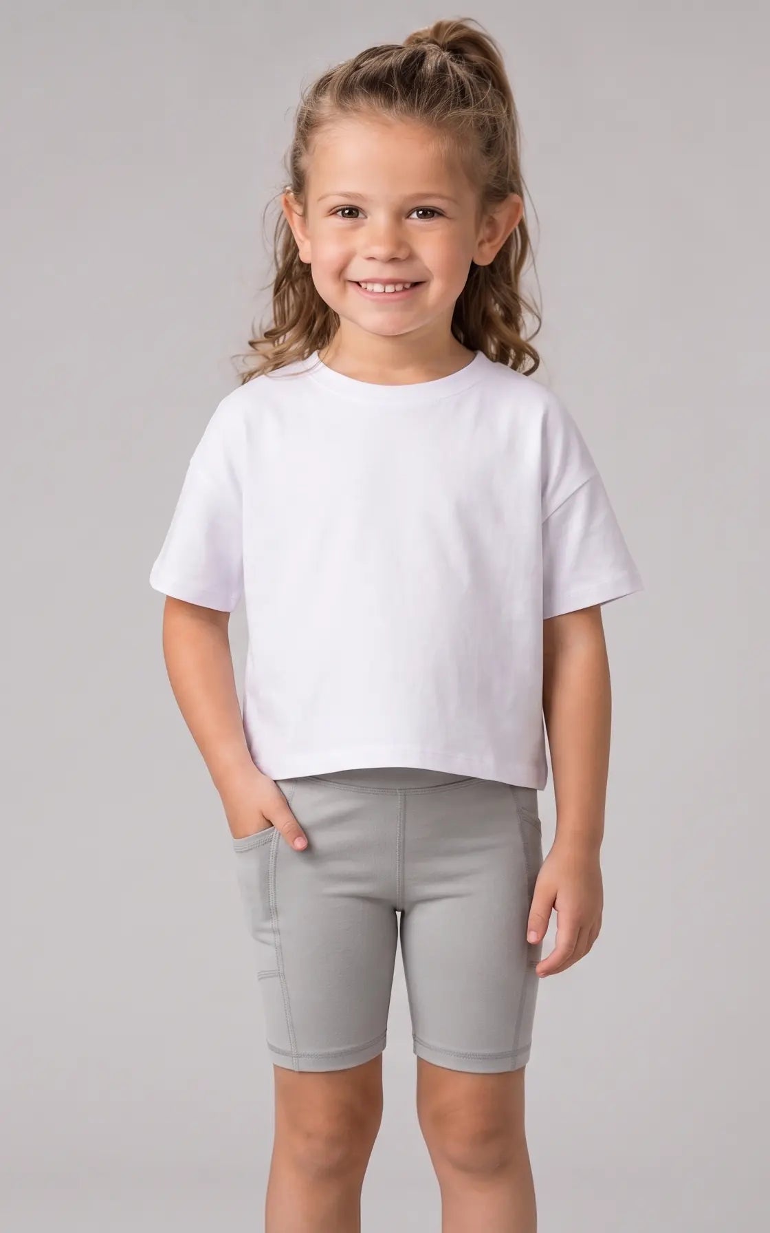 Girl wearing light grey bike shorts with side pockets and a loose white short-sleeve t-shirt.