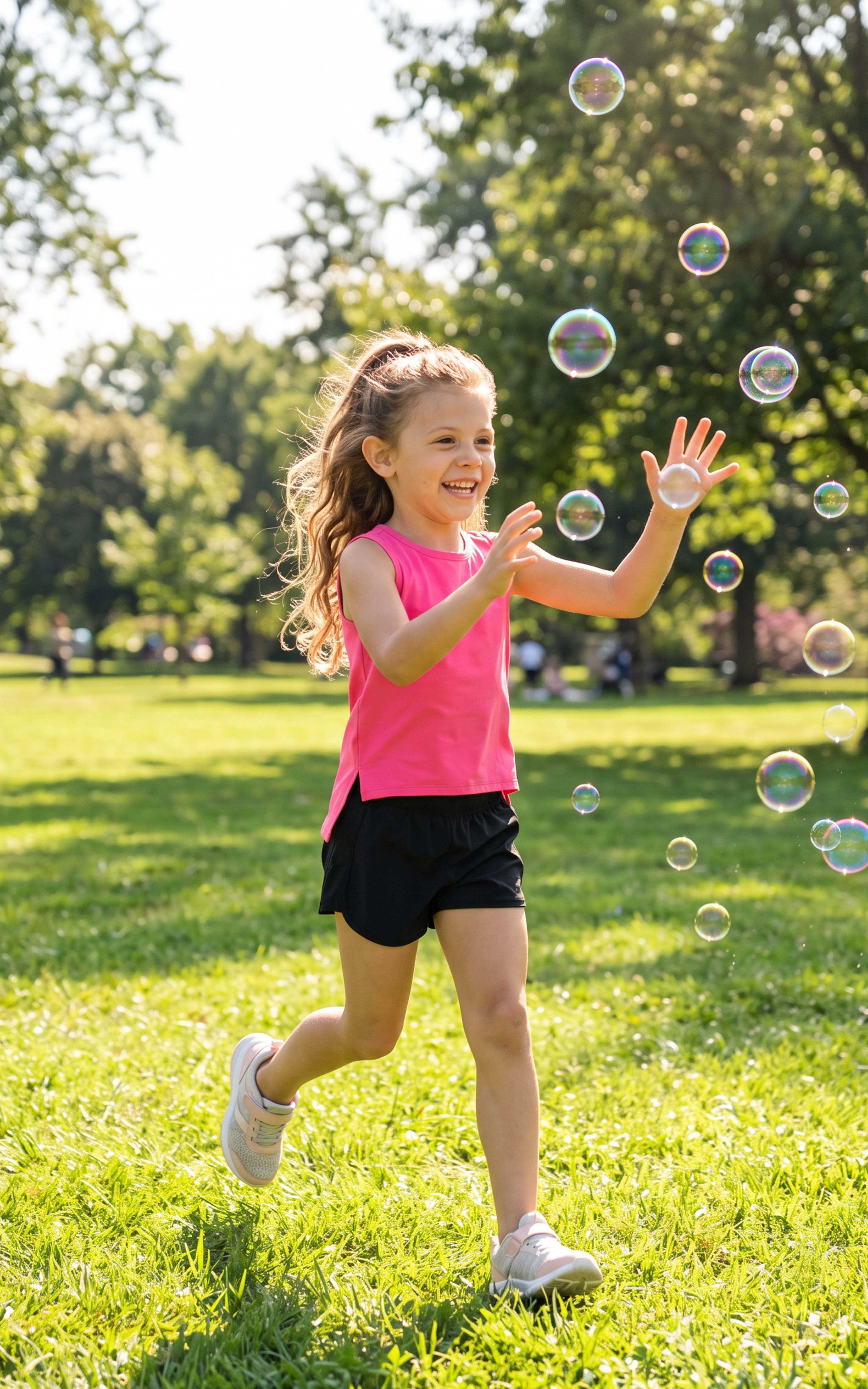 Girl in a bright pink cropped tank and black shorts running through grass as bubbles float nearby.