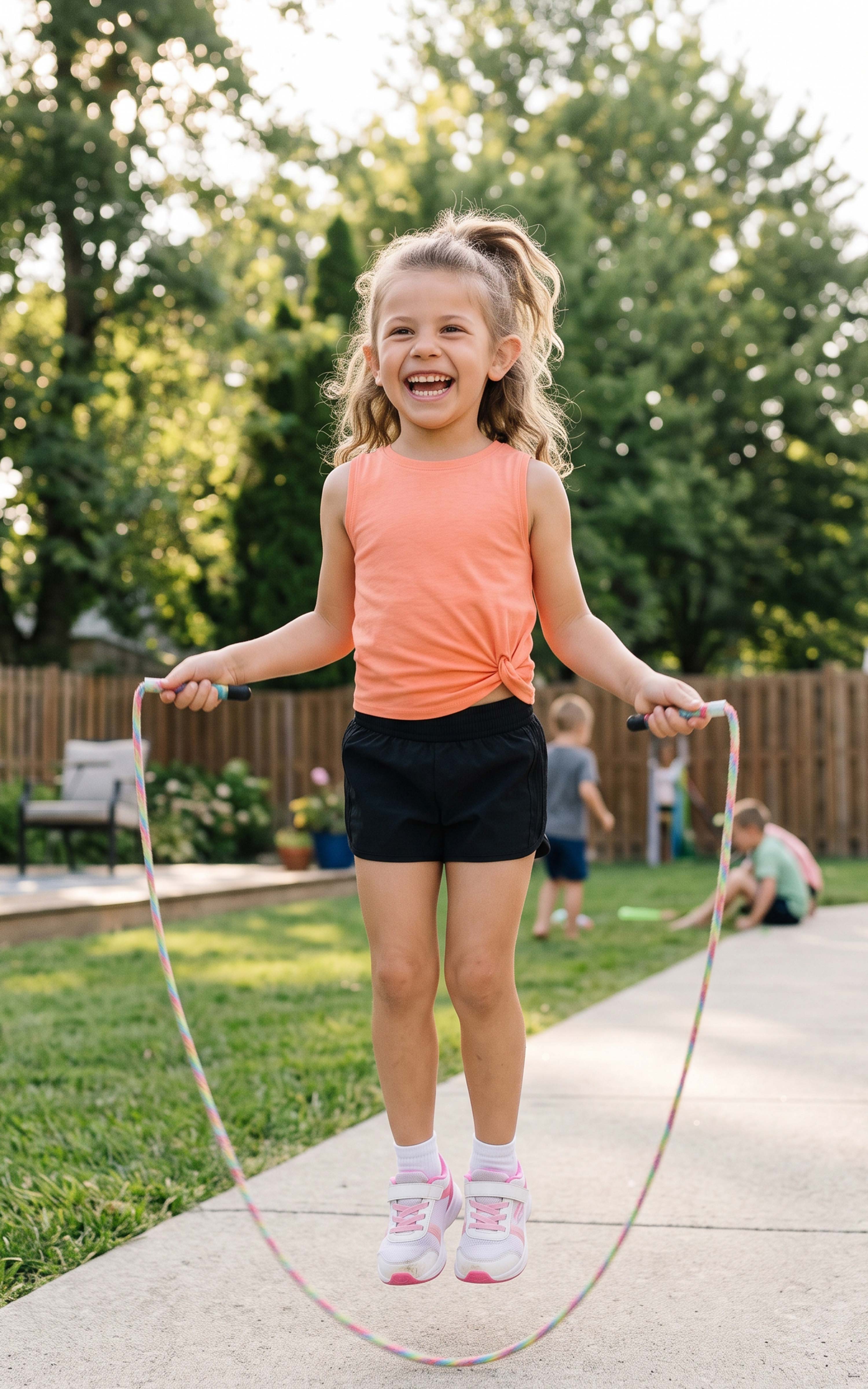 Girl wearing a coral sleeveless tank with black shorts, jumping rope outdoors.