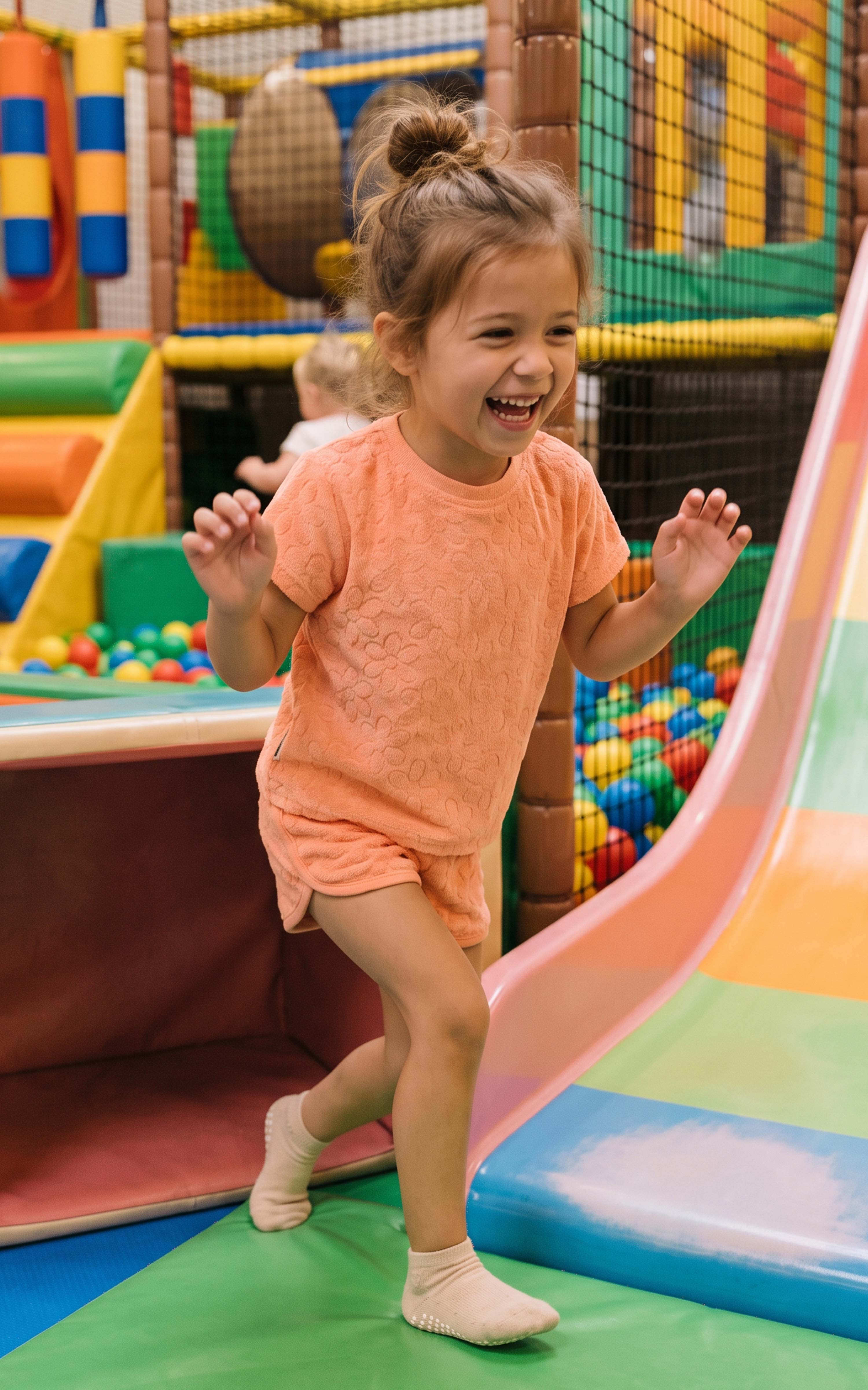 Toddler girl wearing a coral pink terry short-sleeve top and matching dolphin shorts in a play area.