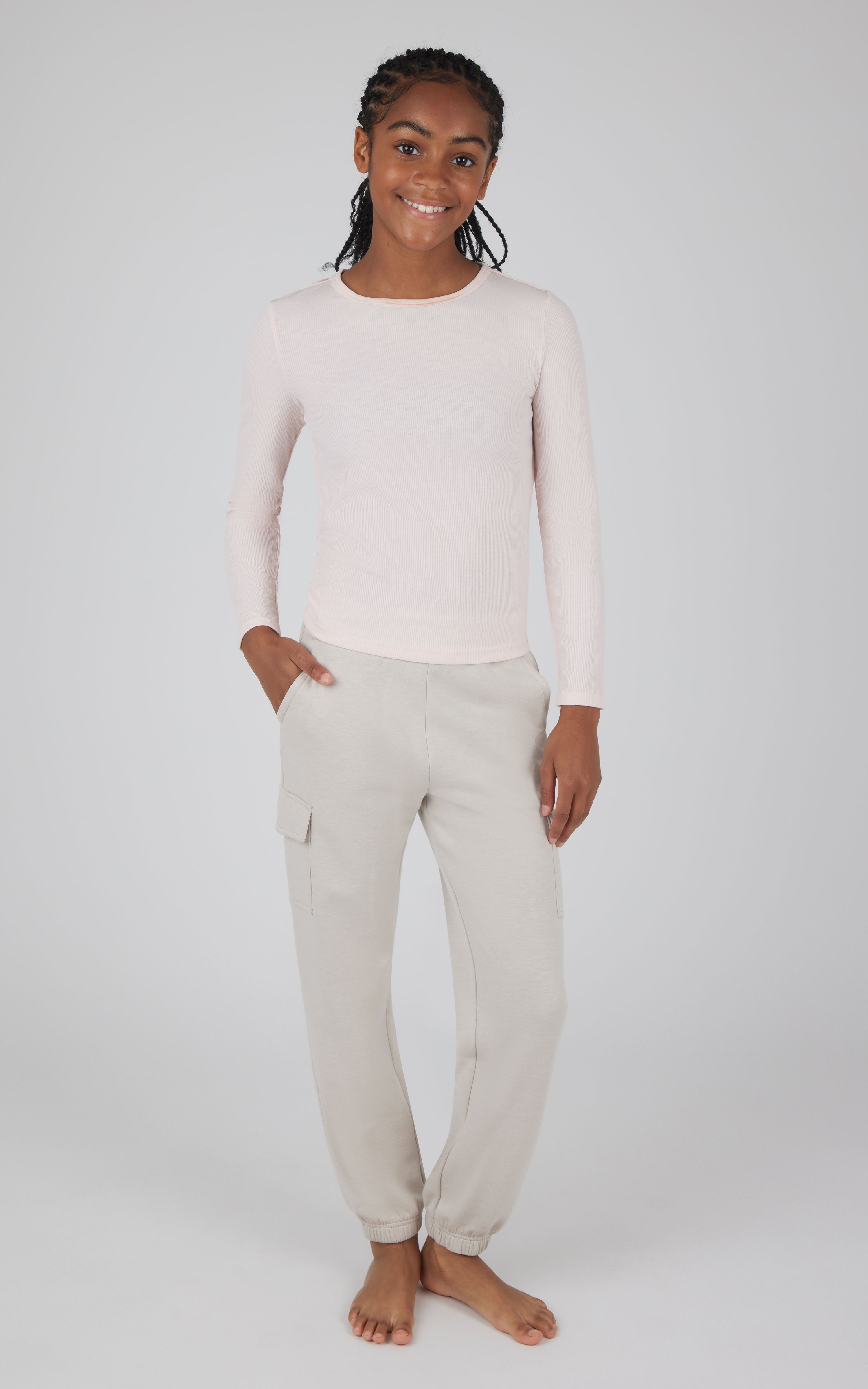 Girls 2 pc Set Heavenly Rib Long Sleeve Crew and Cargo Pocket Legging