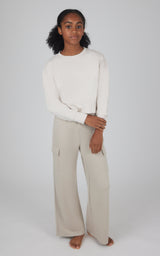 Girls' light gray Softlite cropped pullover with matching wide-leg cargo pants.