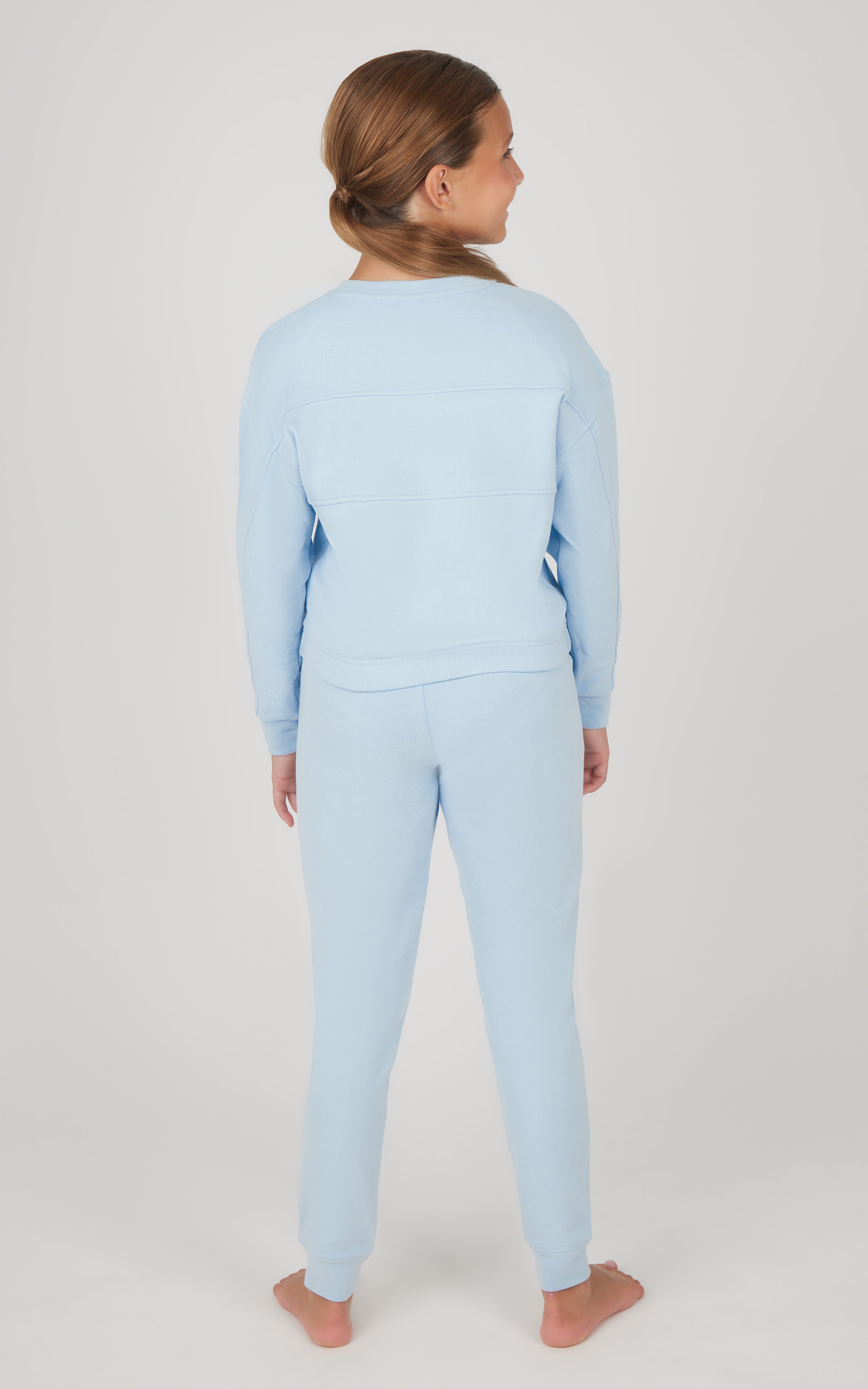 Girls light blue melange long sleeve top and jogger set, soft fabric, relaxed fit.