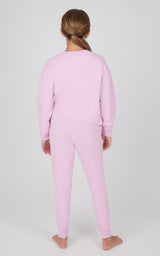 Girls light pink melange long sleeve top and jogger set with ribbed cuffs and waistband.