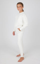 Girls white melange long sleeve top and jogger set with slim fit and pockets.