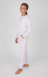 Girls light pink melange long sleeve top and matching jogger pants set.