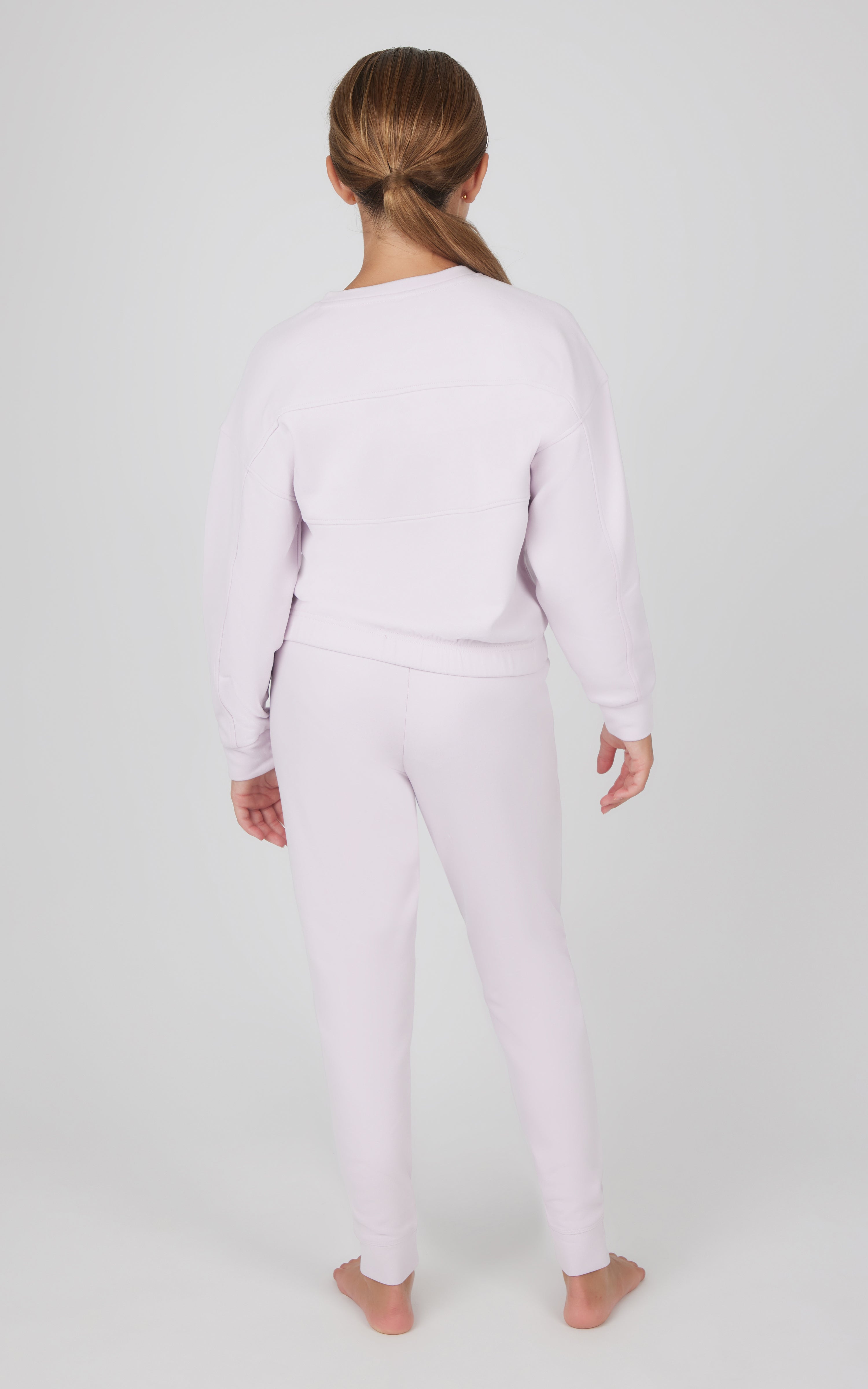 Girls fair orchid melange long sleeve top and matching jogger set, soft fabric and relaxed fit.