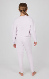 Girls fair orchid melange long sleeve top and matching jogger set, soft fabric and relaxed fit.