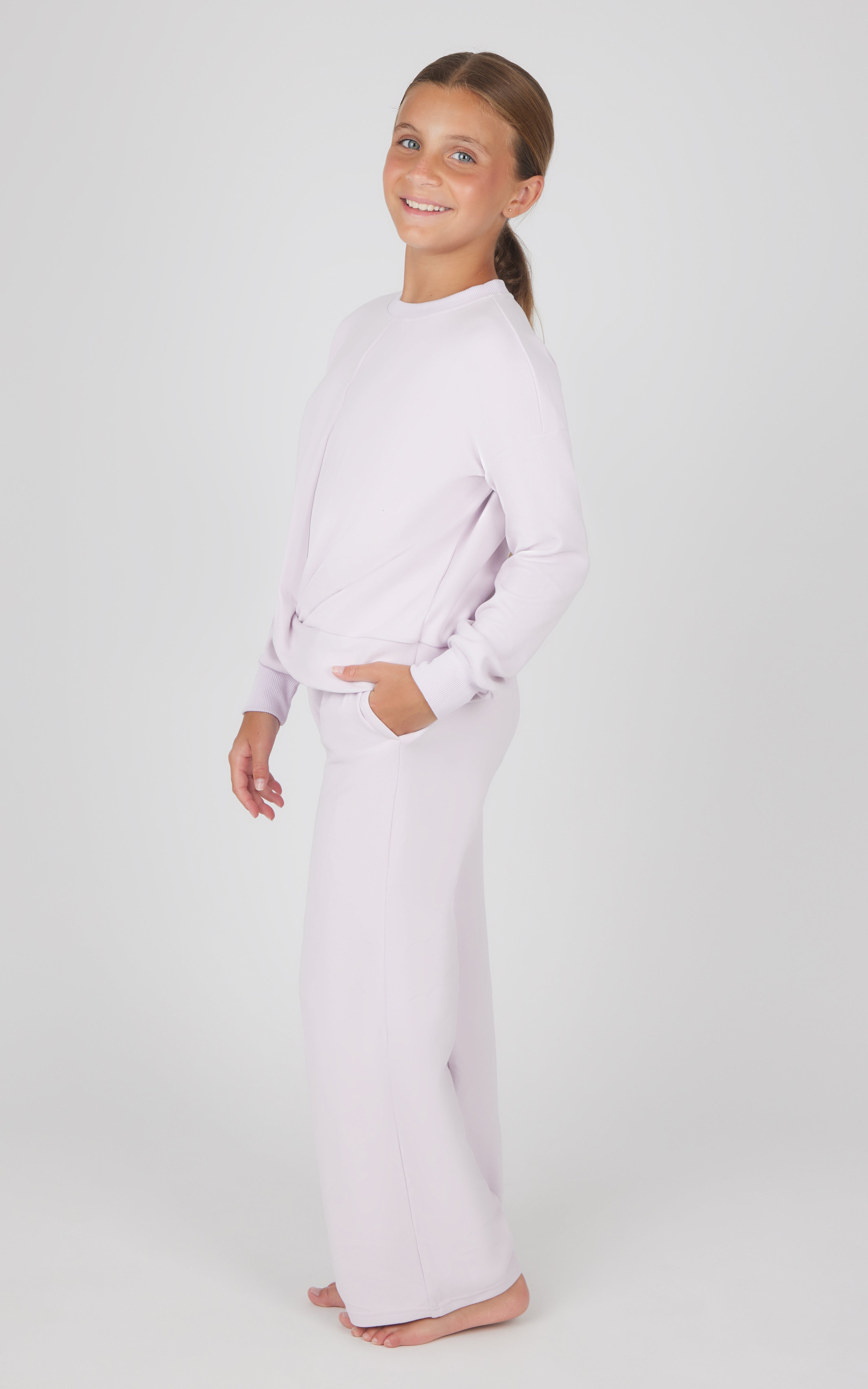 Light pink melange sweatshirt and wide-leg pants set for girls with a relaxed fit.