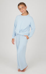Girls light blue melange sweatshirt with matching wide-leg pants set.