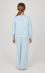 Girls light blue melange sweatshirt and wide-leg pants set, viewed from back.