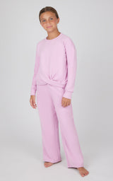 Girls melange light pink sweatshirt and wide leg pants two-piece set.