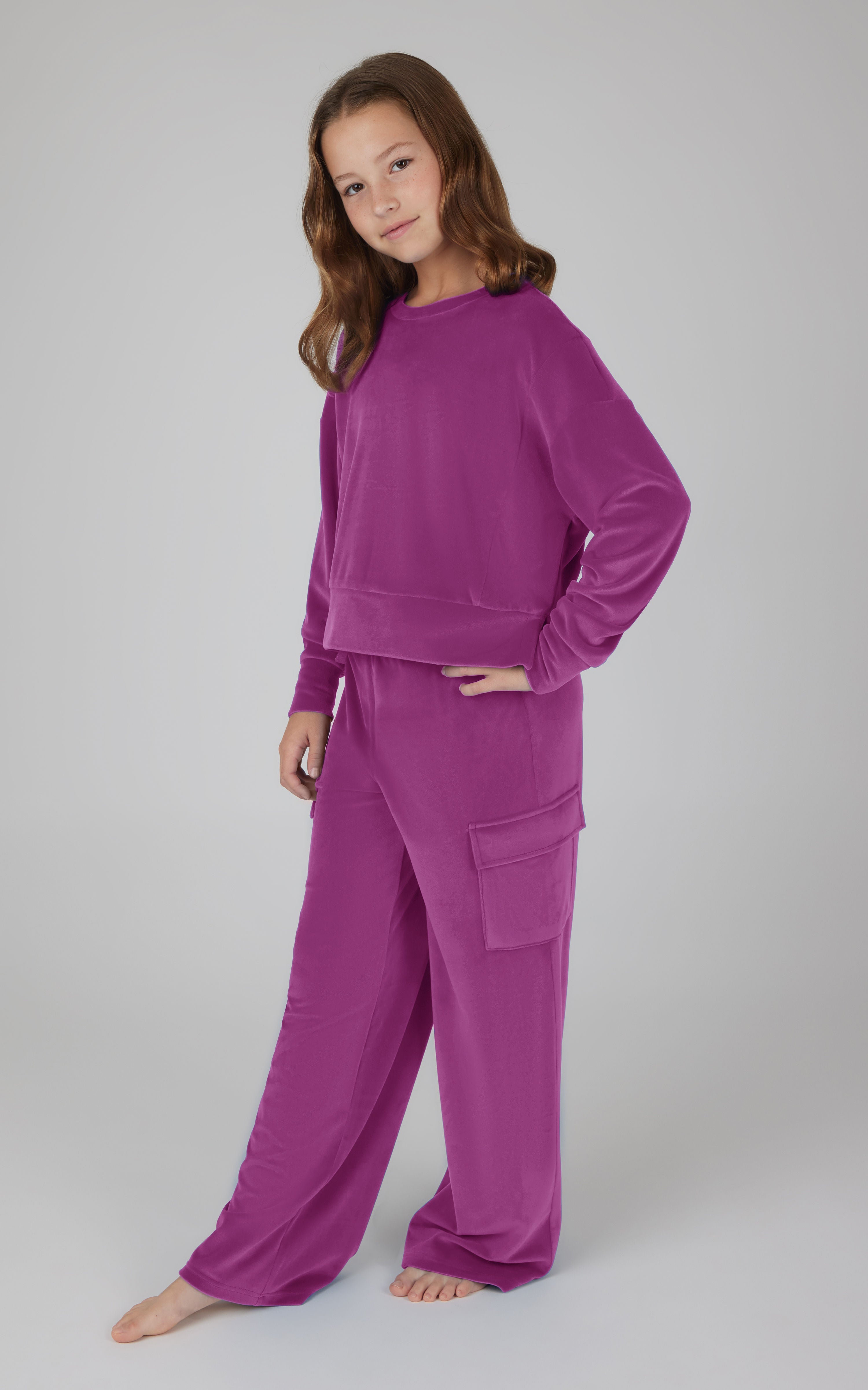 Girls Velour  Crew Pullover With Cargo Pocket Pant