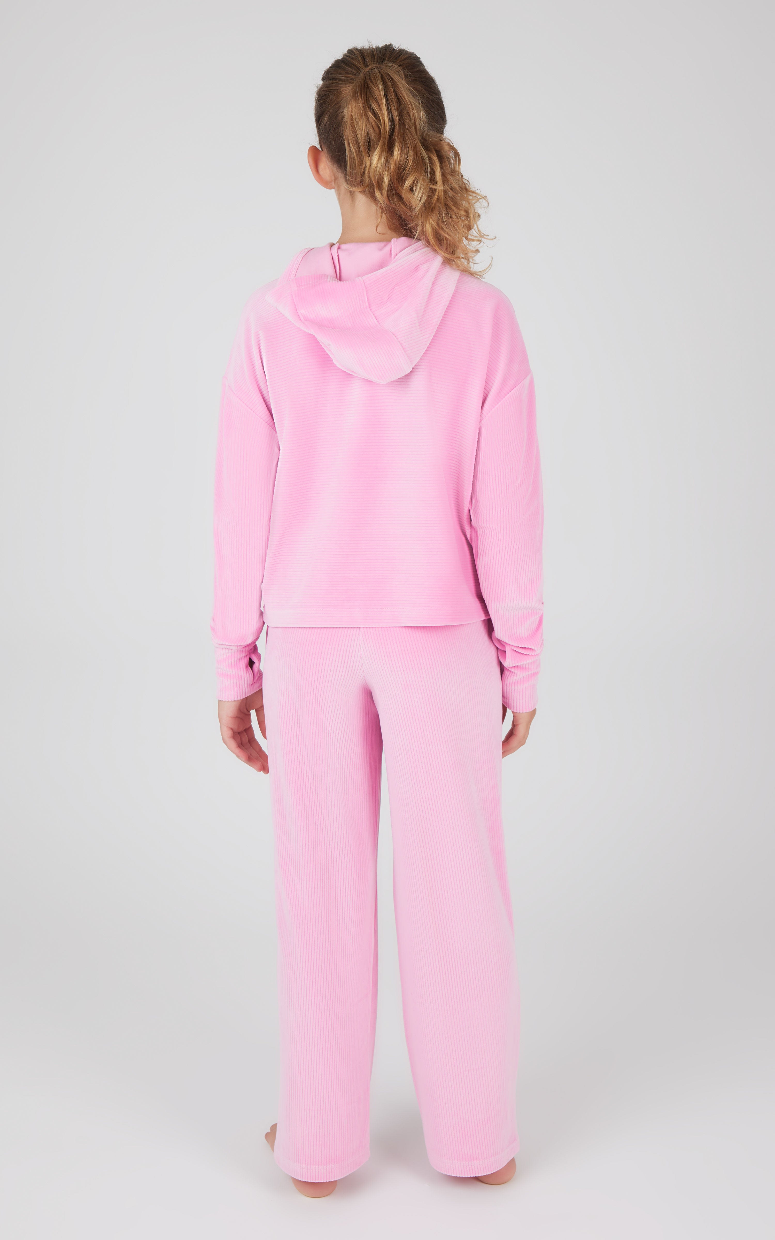 Girls ribbed velour hoodie and straight leg pants in soft pink, back view.