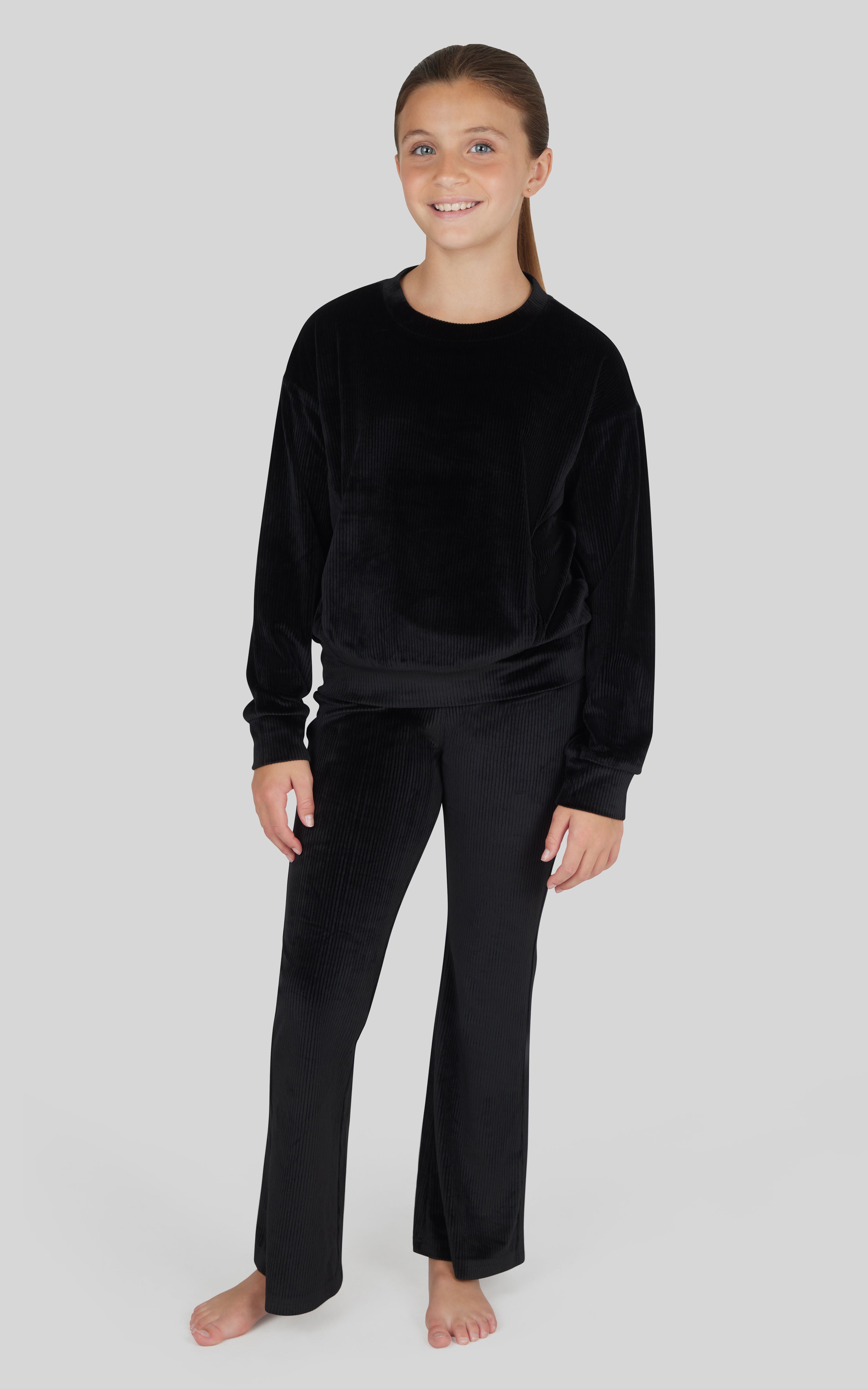 Girls Rib Velour Crew Neck Top With Pockets + Rib Velour  Crossover Flared Leg Pant + Scrunchie Set
