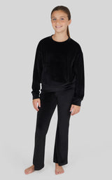Girls Rib Velour Crew Neck Top With Pockets + Rib Velour  Crossover Flared Leg Pant + Scrunchie Set