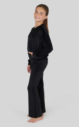 Girls Rib Velour Crew Neck Top With Pockets + Rib Velour  Crossover Flared Leg Pant + Scrunchie Set