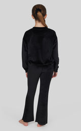 Girls Rib Velour Crew Neck Top With Pockets + Rib Velour  Crossover Flared Leg Pant + Scrunchie Set