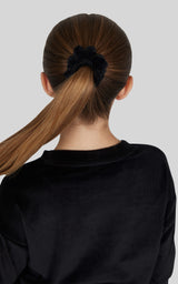 Girls Rib Velour Crew Neck Top With Pockets + Rib Velour  Crossover Flared Leg Pant + Scrunchie Set