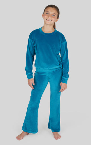 Girls Rib Velour Ember Crew Neck Top With Pockets + Girls Rib Velour Basic Crossover Flared Leg Pant + Scrunchie Set - 90 Degree by Reflex