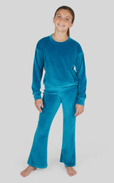 Girls Rib Velour Crew Neck Top With Pockets + Rib Velour  Crossover Flared Leg Pant + Scrunchie Set