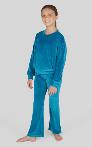 Girls Rib Velour Ember Crew Neck Top With Pockets + Girls Rib Velour Basic Crossover Flared Leg Pant + Scrunchie Set - 90 Degree by Reflex