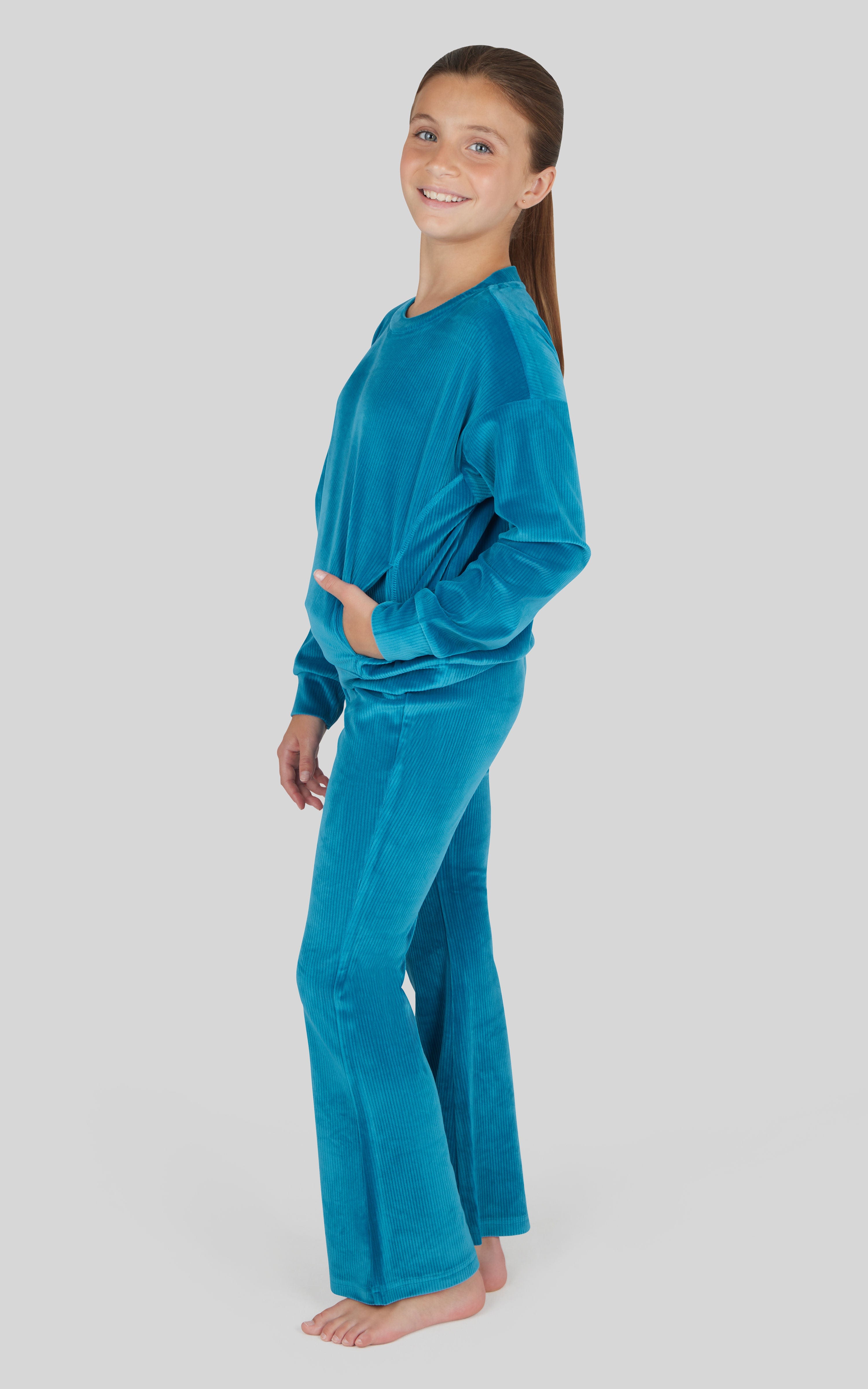 Girls Rib Velour Crew Neck Top With Pockets + Rib Velour  Crossover Flared Leg Pant + Scrunchie Set
