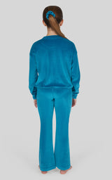 Girls Rib Velour Crew Neck Top With Pockets + Rib Velour  Crossover Flared Leg Pant + Scrunchie Set