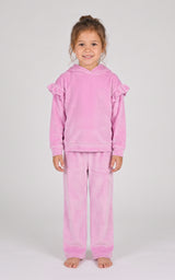 2 PC Little Girls Velour Lili Pullover Hoodie w Ruffle Detail + Little Girls Velour Flare