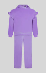 2 PC Little Girls Velour Lili Pullover Hoodie w Ruffle Detail + Little Girls Velour Flare