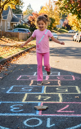 Toddler wearing a pink short-sleeve tee and matching flared leggings, standing on a colorful hopscotch path.